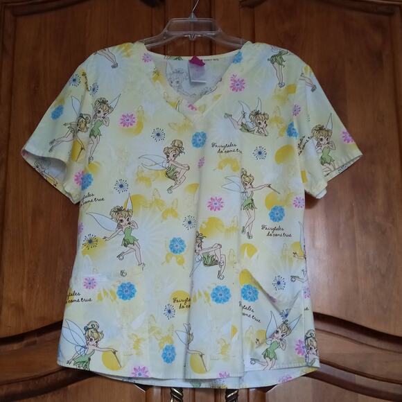 DISNEY Tinkerbell Scrubs Top Dreams Do Come True Yellow Cotton Medical V Neck M - Picture 2 of 5